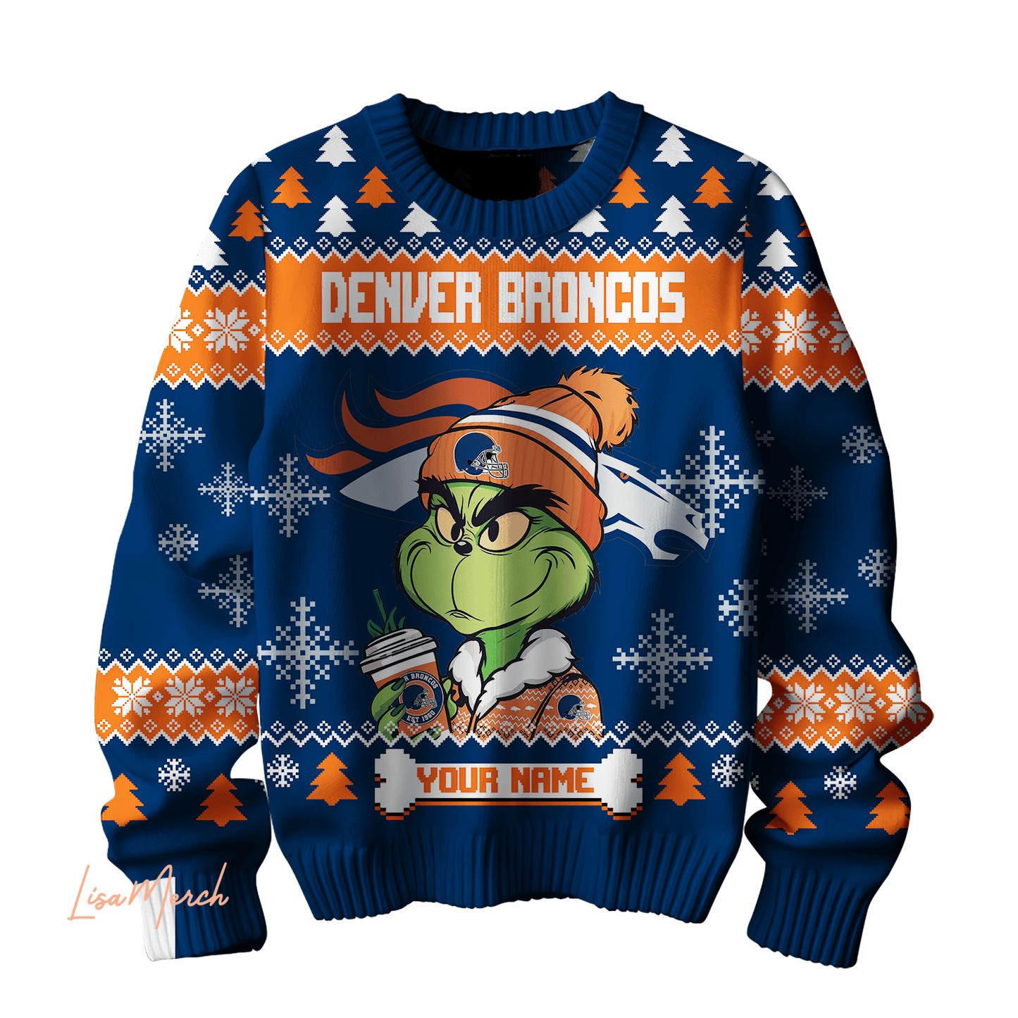 Denver Broncos Ugly Sweater - 2024 The Best Christmas Gift For Denver Broncos Fan - Grinch Custom Name Version