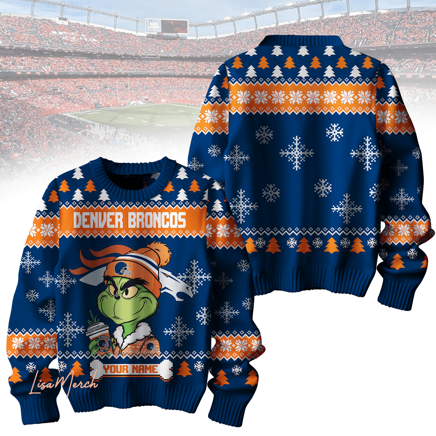 Denver Broncos Ugly Sweater - 2024 The Best Christmas Gift For Denver Broncos Fan - Grinch Custom Name Version