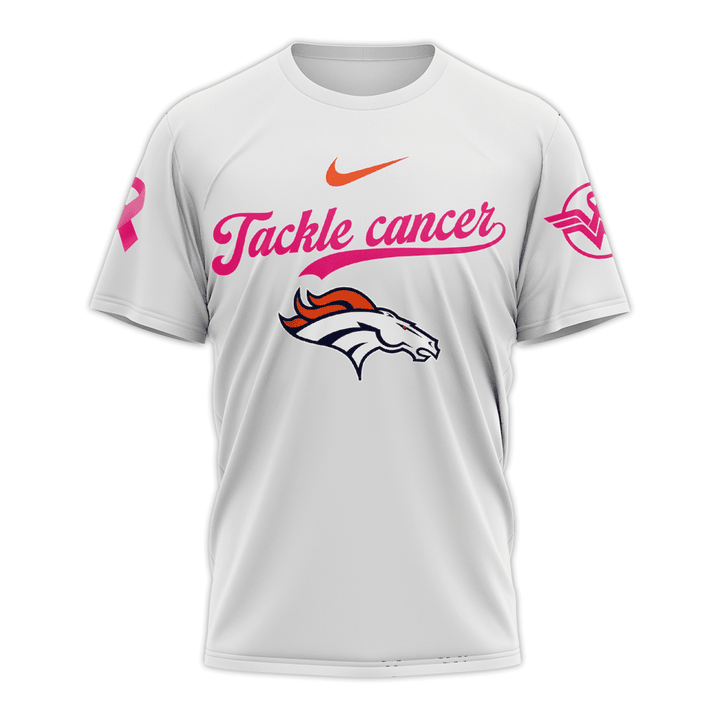 2024 Premium Denver Broncos 3D T Shirt - Tackle Cancer Version - Denver Broncos Fight Cancer White Shirt