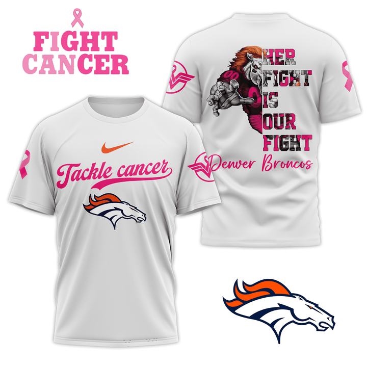 2024 Premium Denver Broncos 3D T Shirt - Tackle Cancer Version - Denver Broncos Fight Cancer White Shirt