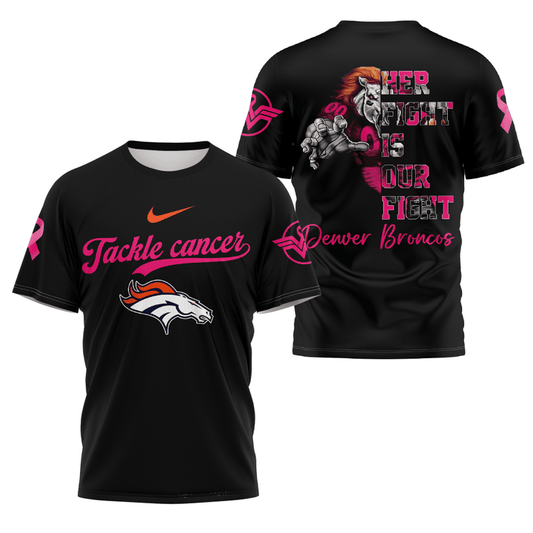 2024 Premium Denver Broncos 3D T Shirt - Tackle Cancer Version - Denver Broncos Fight Cancer Black Shirt