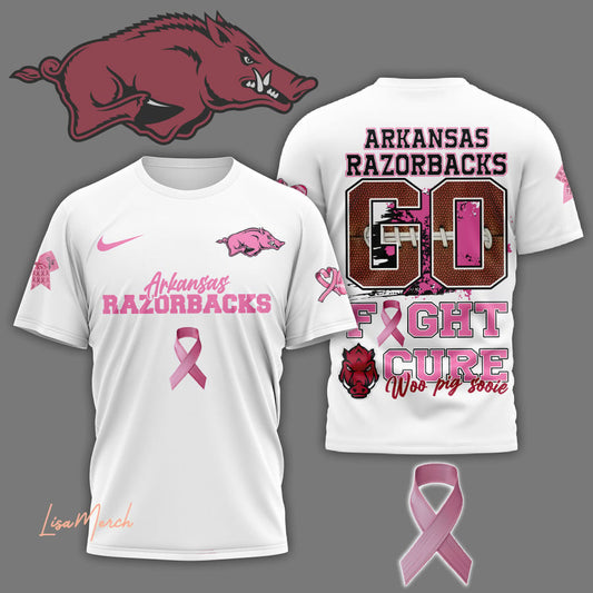 2024 Premium Arkansas Razorbacks 3D Shirt - Go Fight Cure Limited White T Shirt Jogger & Cap Combo