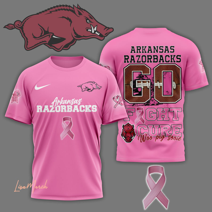 2024 Premium Arkansas Razorbacks 3D Shirt - Go Fight Cure Limited Pink T Shirt Jogger & Cap Combo