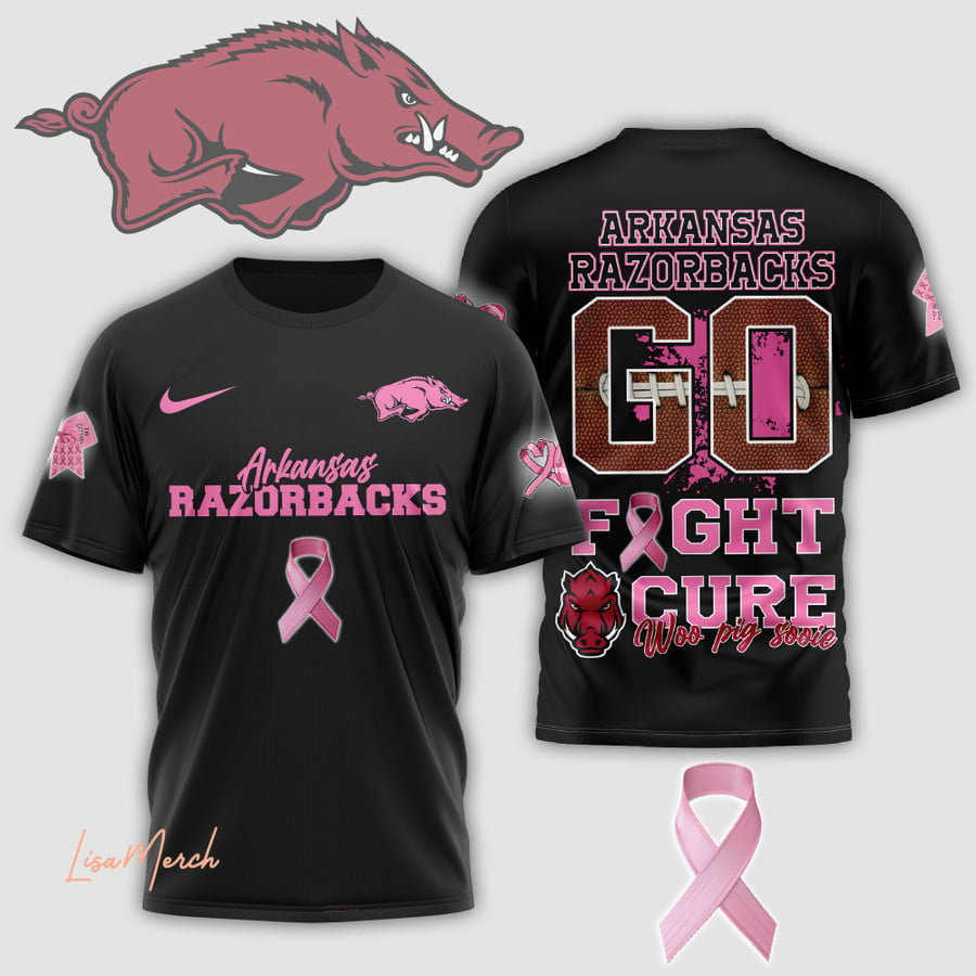 2024 Premium Arkansas Razorbacks 3D Shirt - Go Fight Cure Limited Black T Shirt Jogger & Cap Combo