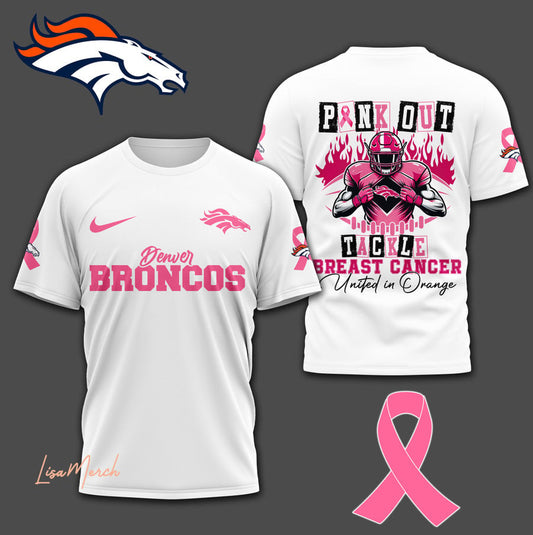 2024 Premium Denver Broncos 3D Pink Out T Shirt - White Denver Broncos Tackle Breast Cancer