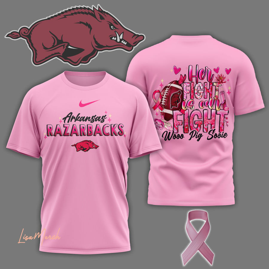 2024 Premium Arkansas Razorbacks 3D Shirt - Her Fight Is Our Fight Pink Shirt Jogger & Cap Combo