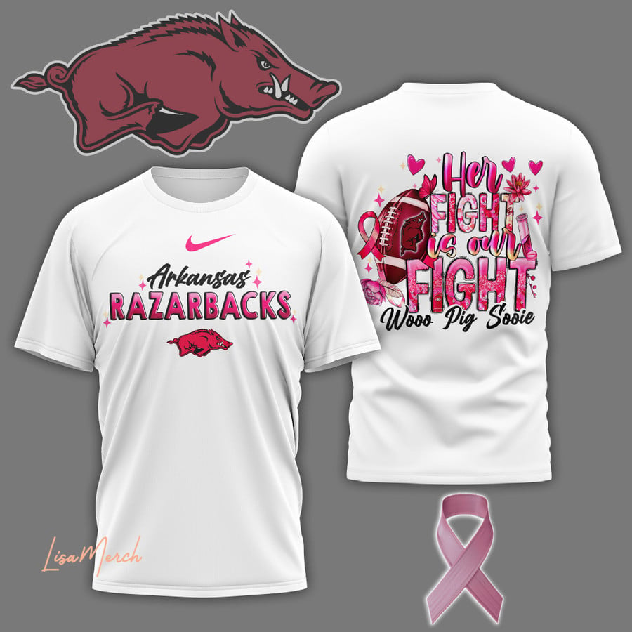 2024 Premium Arkansas Razorbacks 3D Shirt - Her Fight Is Our Fight White Shirt Jogger & Cap Combo