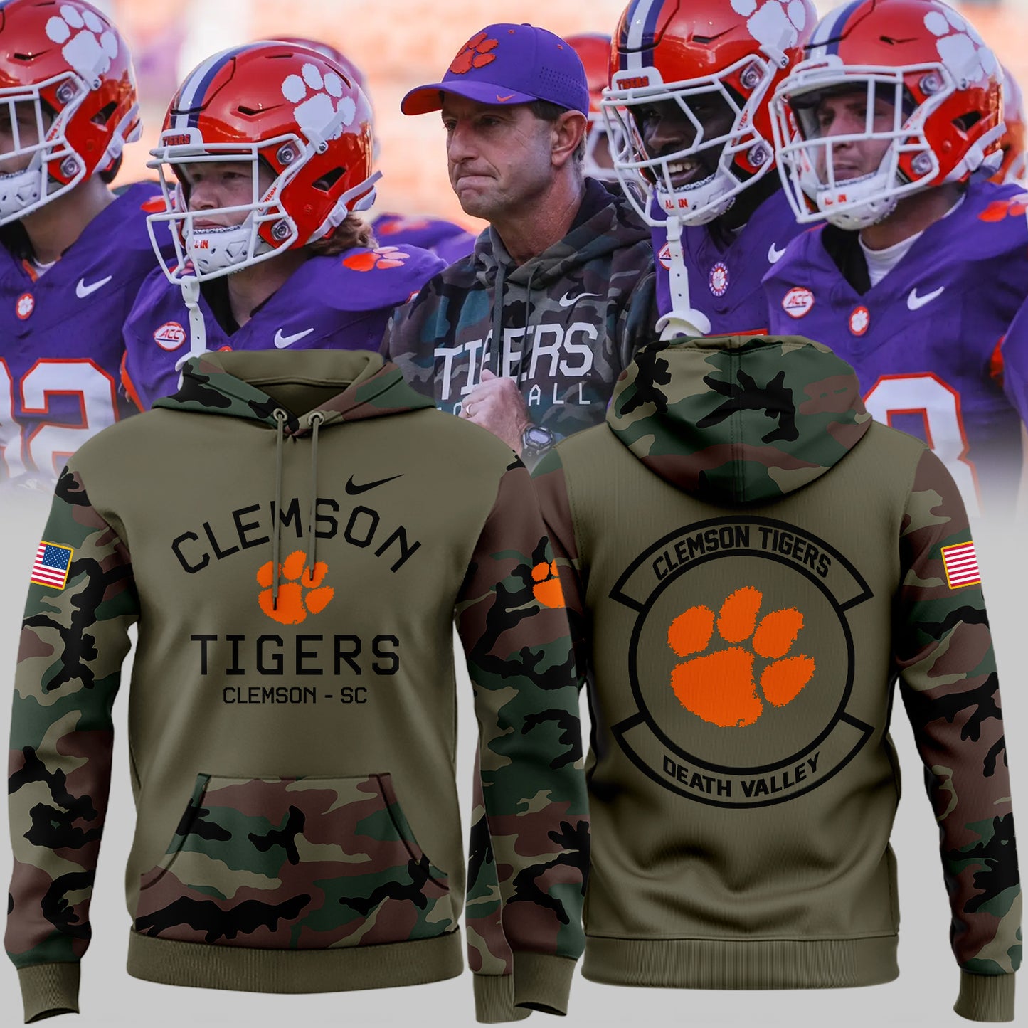 Premium Clemson Tigers Gear - Clemson Football Clemson Tigers Camo 2024 Salute to Service Club Fleece Pullover Hoodie CT06