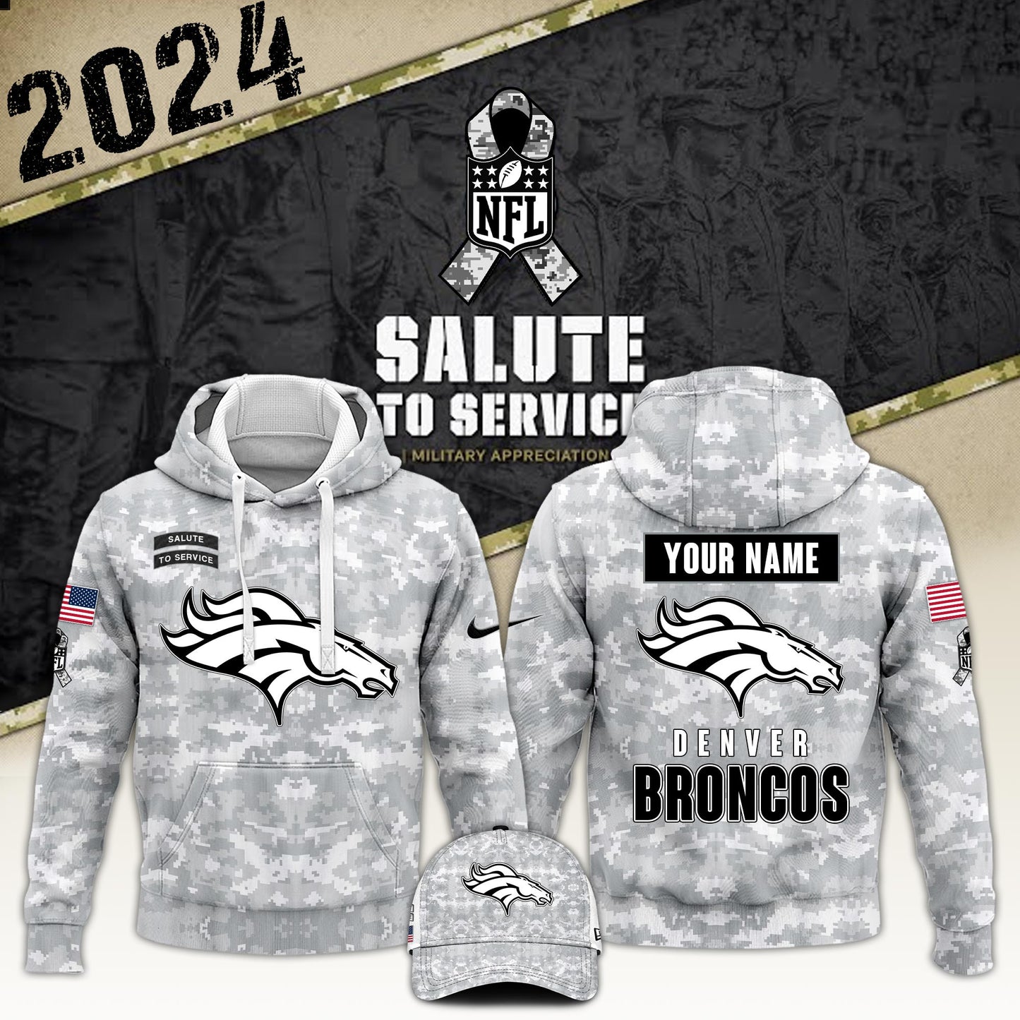 Denver Broncos Hoodie Camo 2024 Salute to Service Club Limited Edition