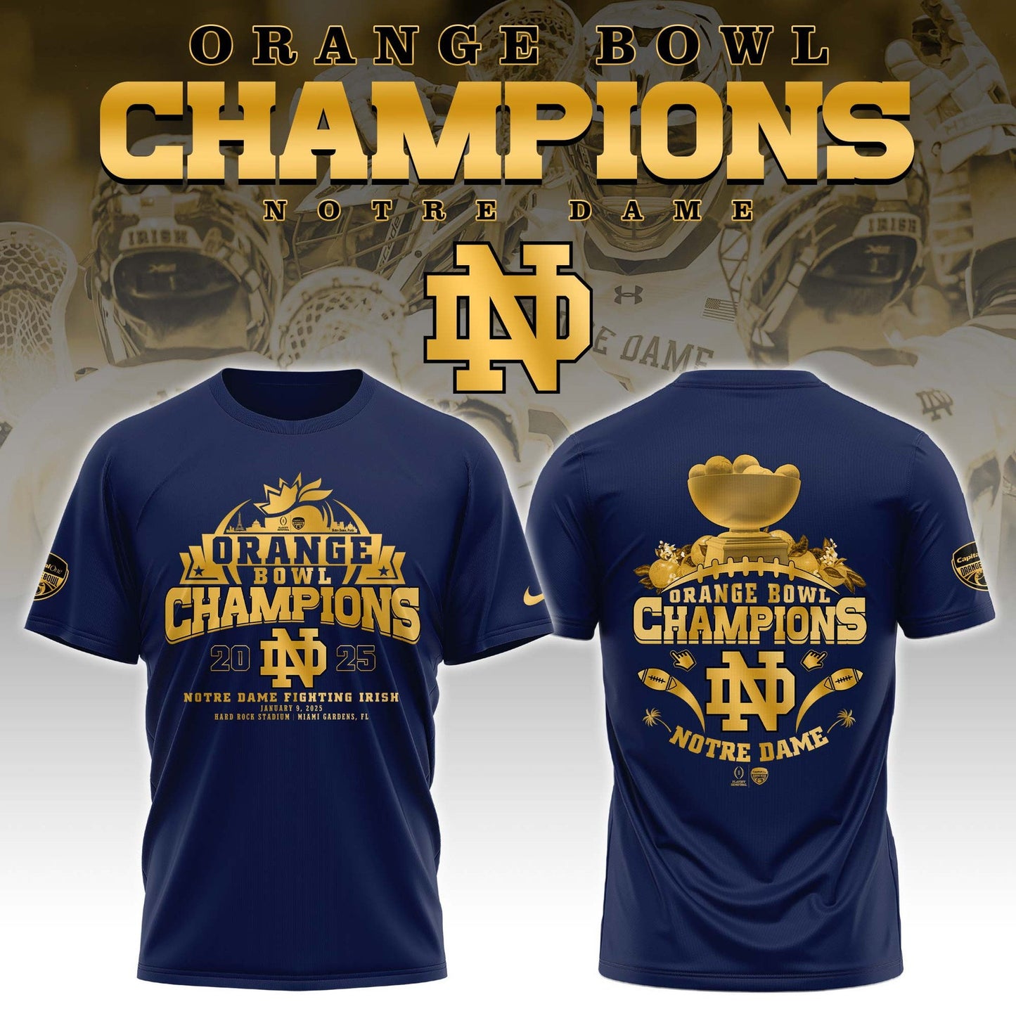 Notre Dame Fighting Irish NCAA Orange Bowl Champions Limited Edition T-Shirt 2025 Golden-Navy