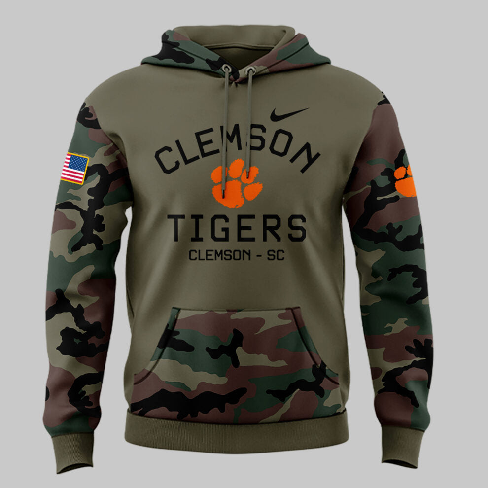 Premium Clemson Tigers Gear - Clemson Football Clemson Tigers Camo 2024 Salute to Service Club Fleece Pullover Hoodie CT06