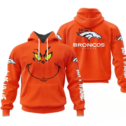 Denver Broncos Hoodie 2024 Season - Limited Broncos Orange Hoodie Grinch Jogger & Cap Combo - Unique Personalize Gift For Christmas