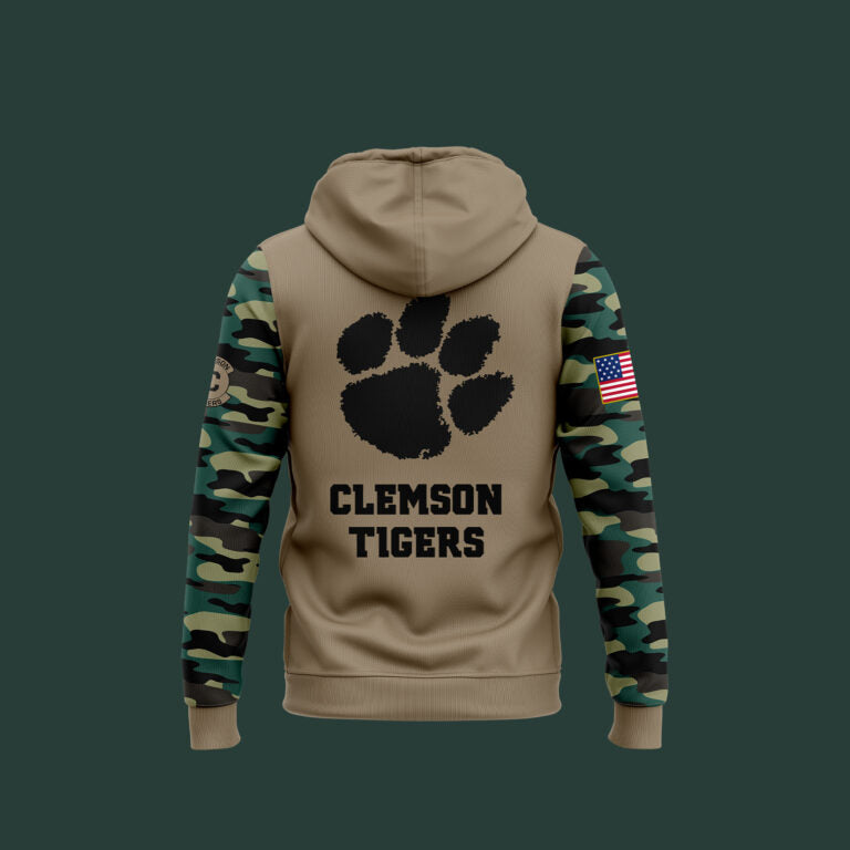 Premium Clemson Tigers Gear - Clemson Football Clemson Tigers Camo 2024 Salute to Service Club Fleece Pullover Hoodie CT02