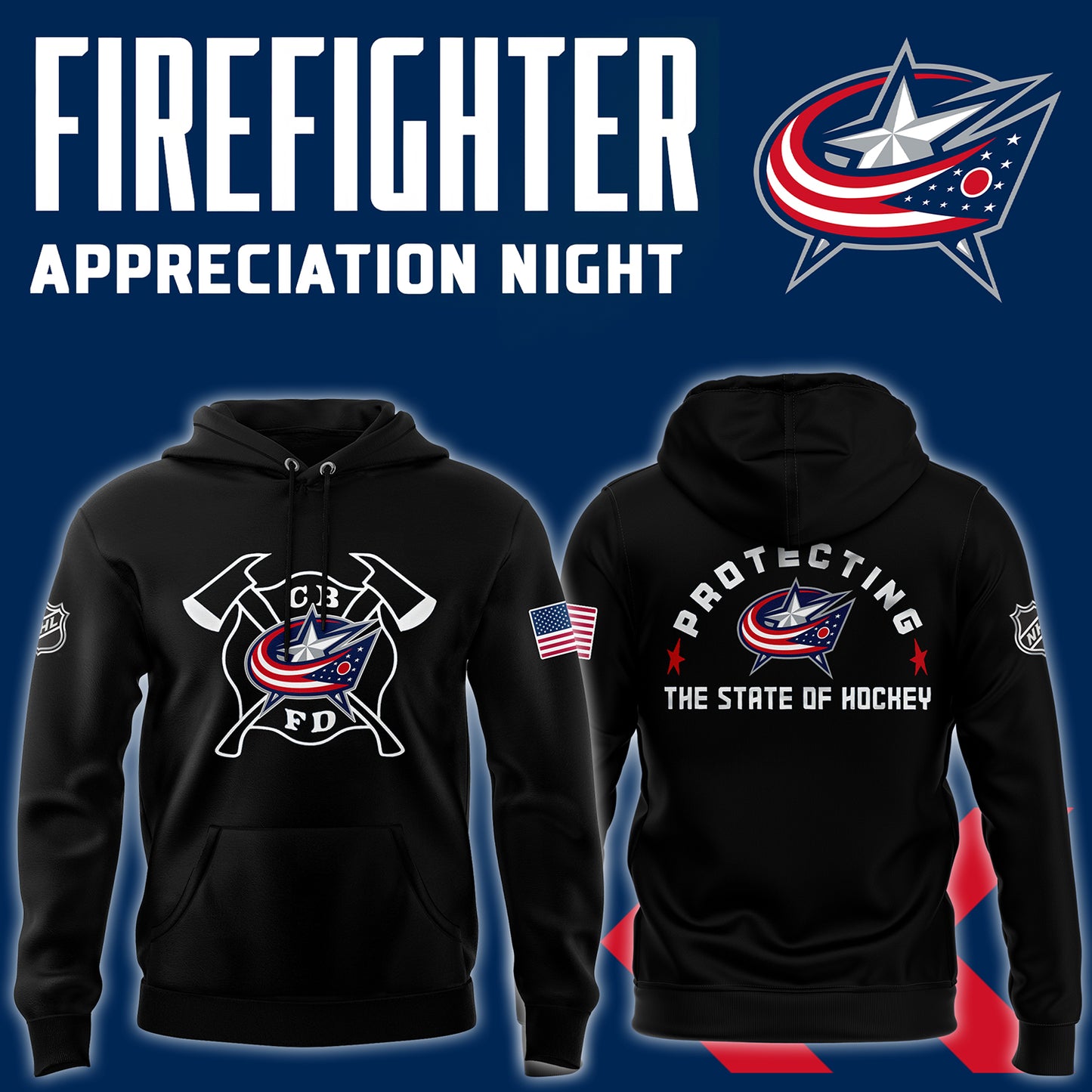 Premium Merch For Loyalists - Columbus Blue Jackets x 2024 Firefighter Appreciation Night Premium Limited Hoodie