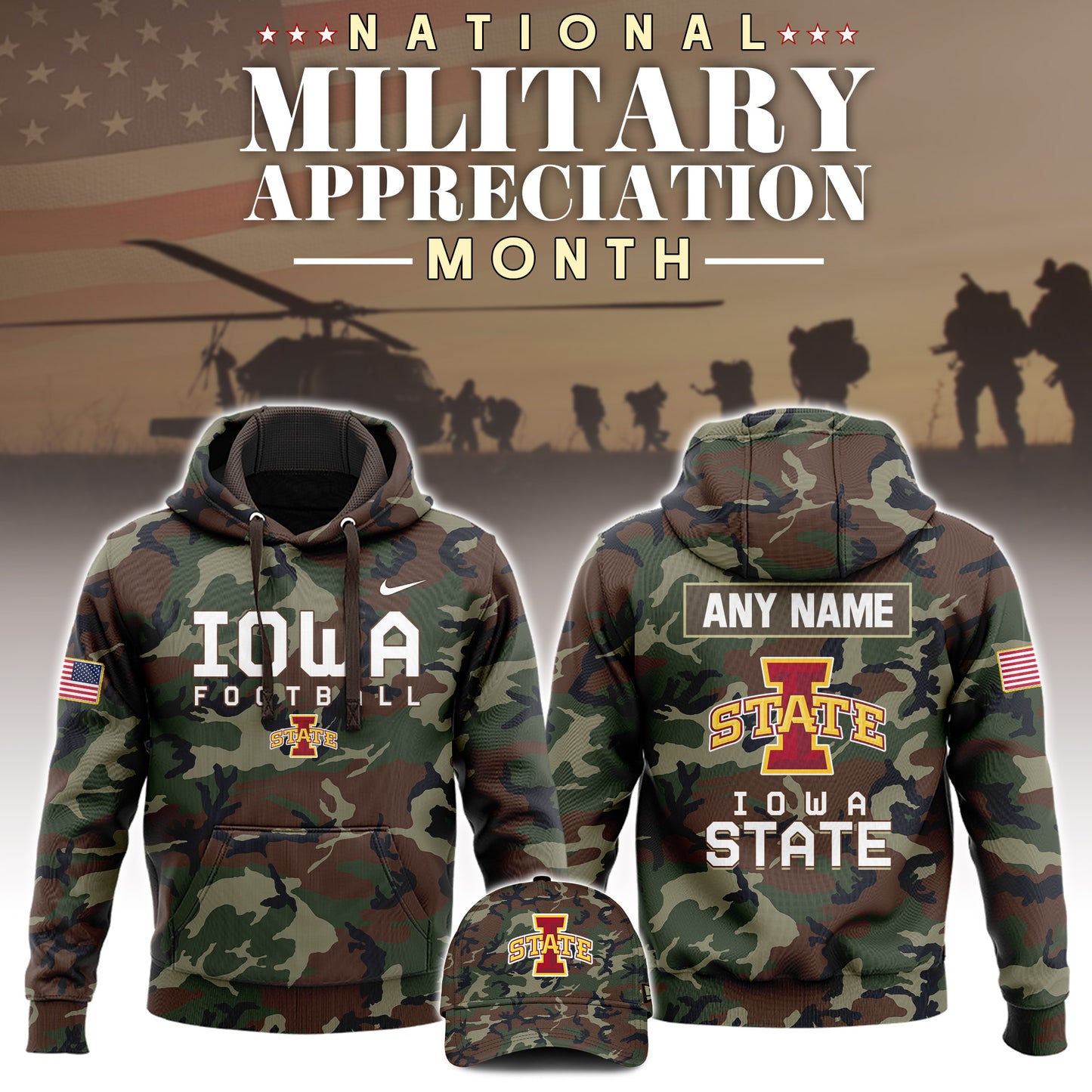 Premium NCAA Camo Gear - Iowa State 2025 Military Appreciation Club Pullover Hoodie Camo