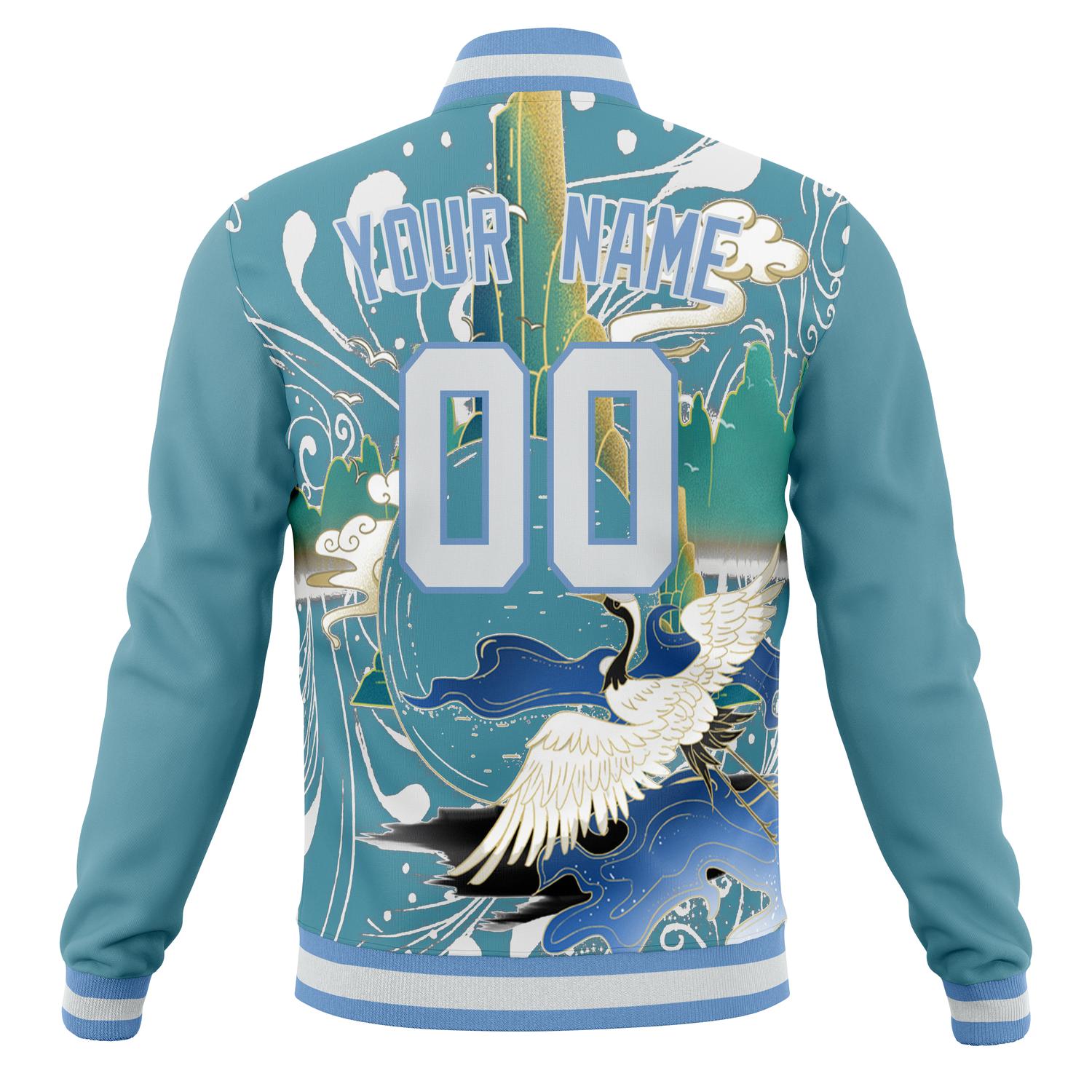 Custom Light-Blue & White Heron And Cloud 3D Pattern Varsity Jacket