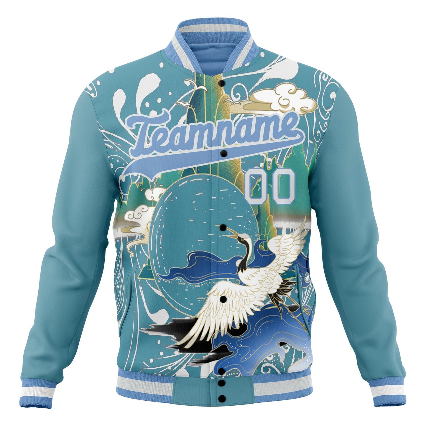 Custom Light-Blue & White Heron And Cloud 3D Pattern Varsity Jacket