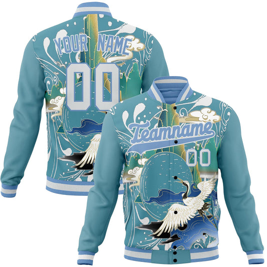 Custom Light-Blue & White Heron And Cloud 3D Pattern Varsity Jacket