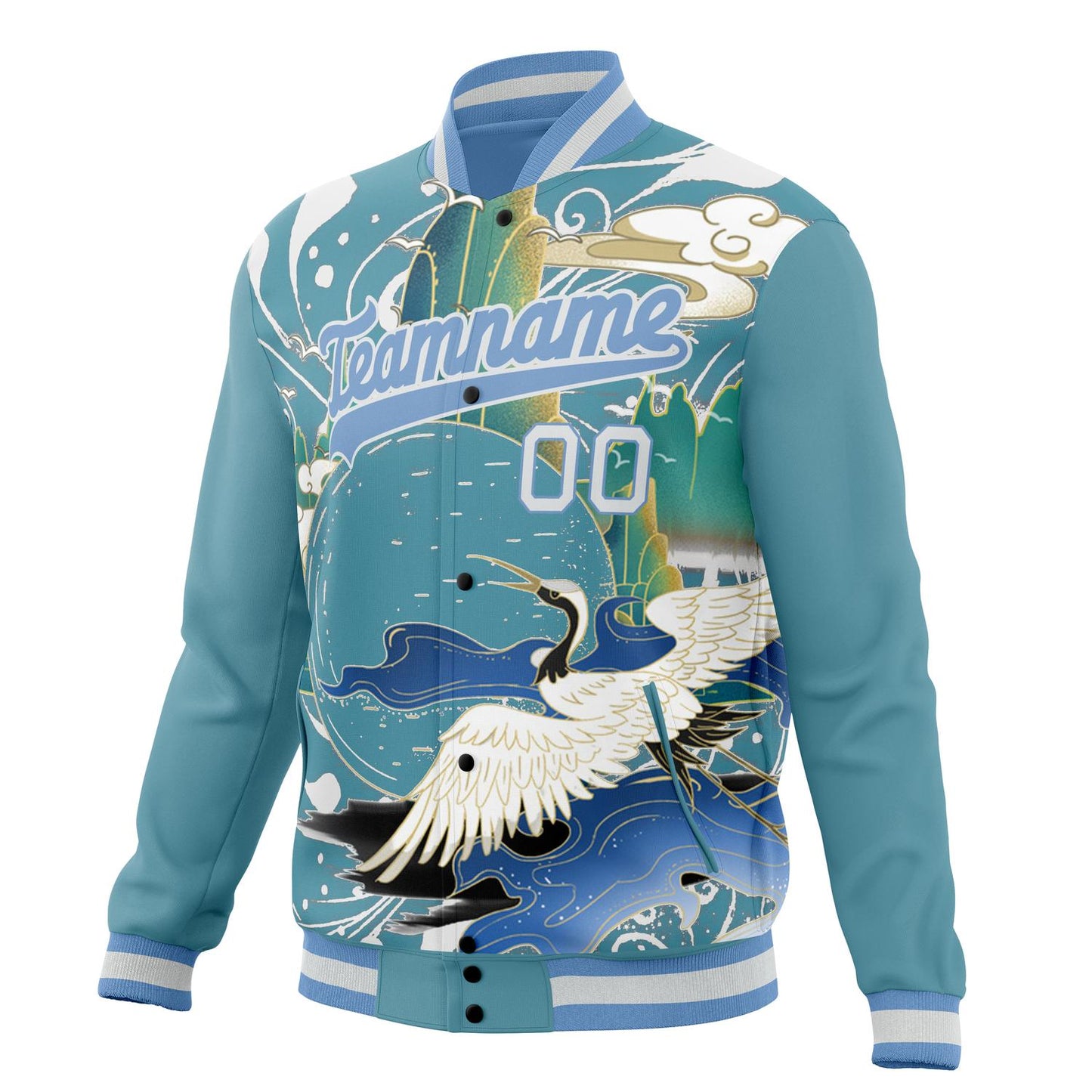 Custom Light-Blue & White Heron And Cloud 3D Pattern Varsity Jacket