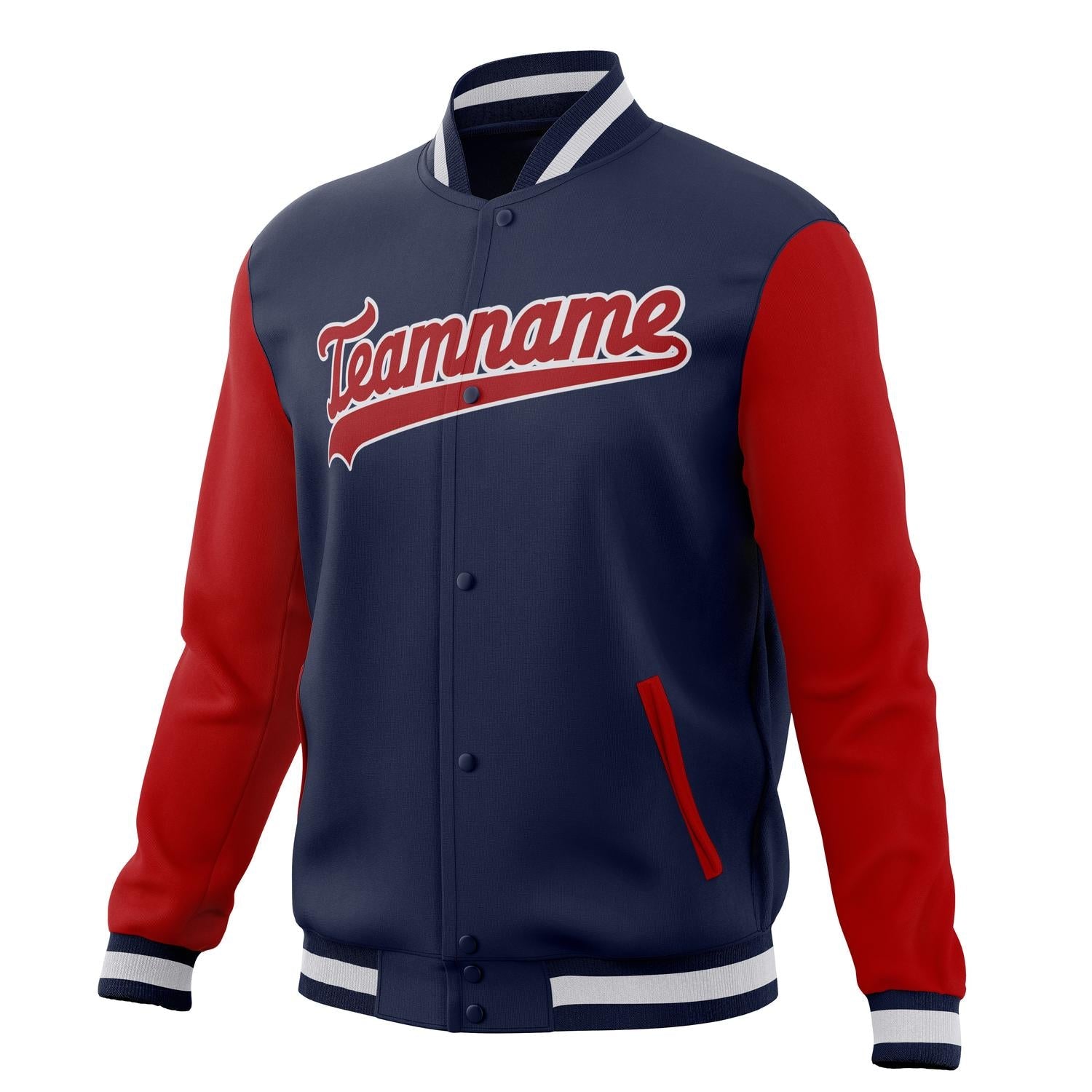 Custom Navy & Red Solid Color Varsity Jacket