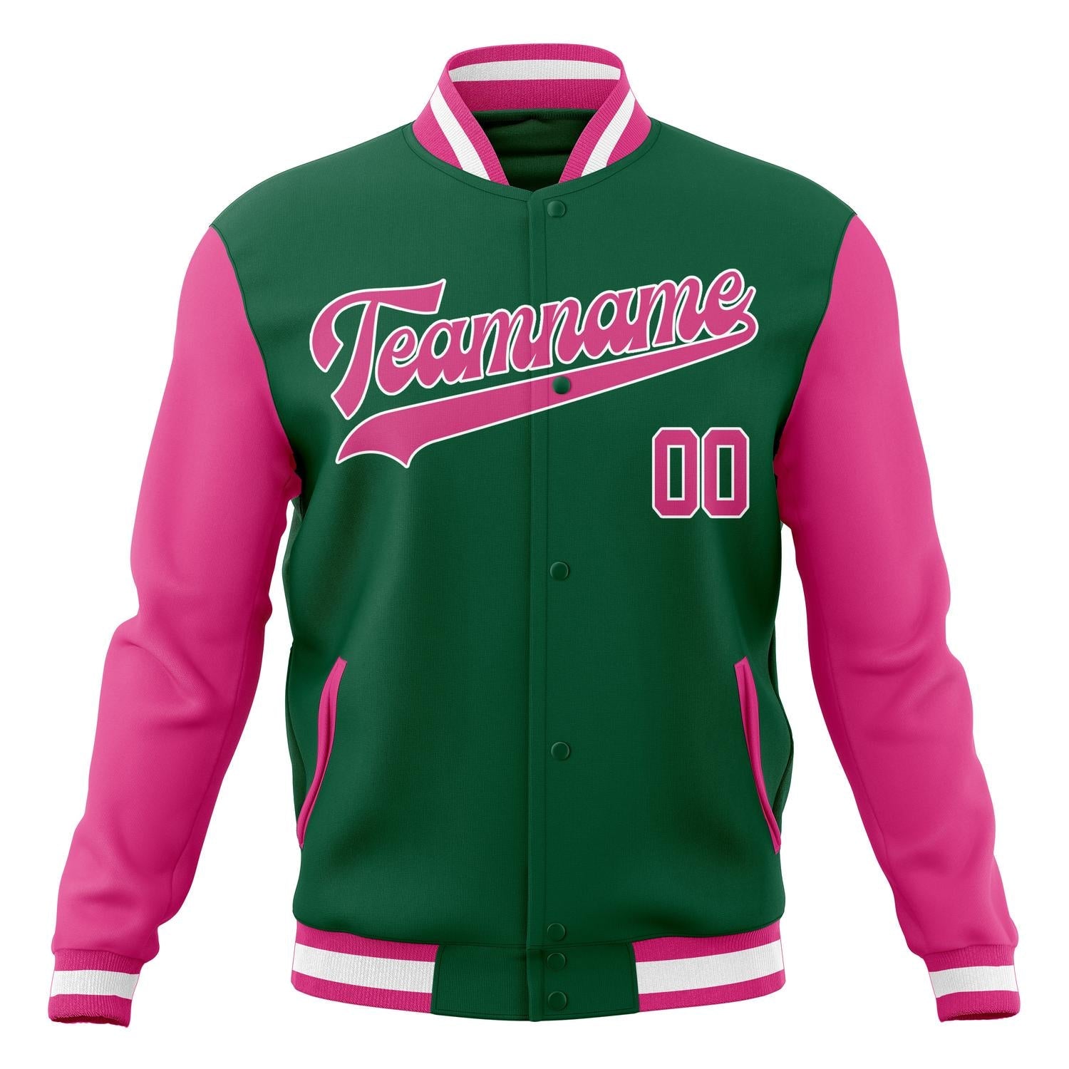 Custom Kelly-Green & Pink Solid Color Varsity Jacket