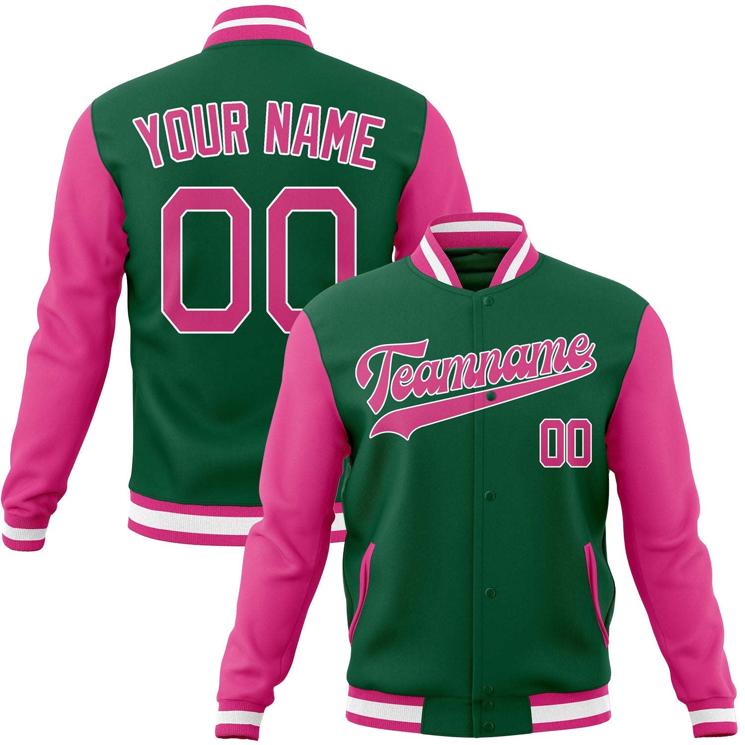 Custom Kelly-Green & Pink Solid Color Varsity Jacket