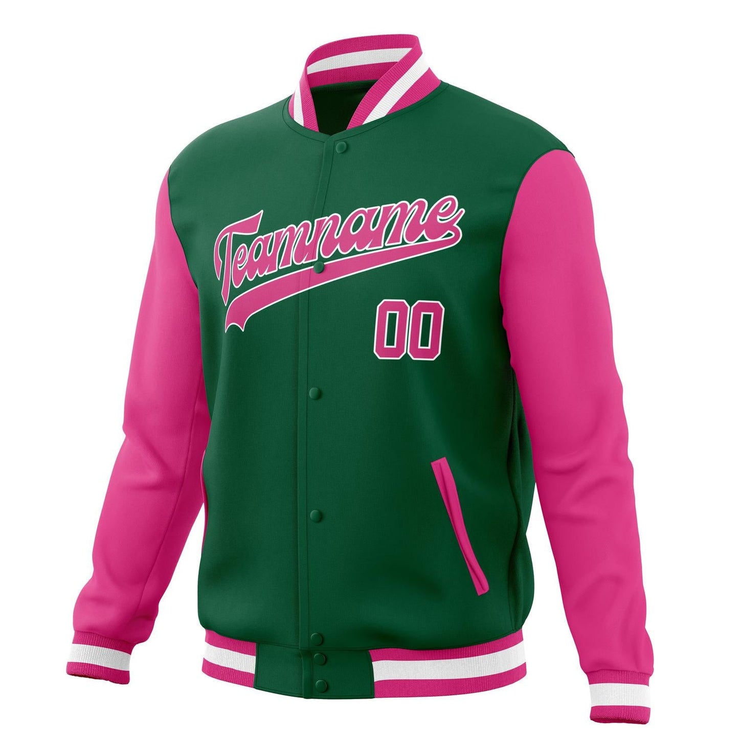 Custom Kelly-Green & Pink Solid Color Varsity Jacket