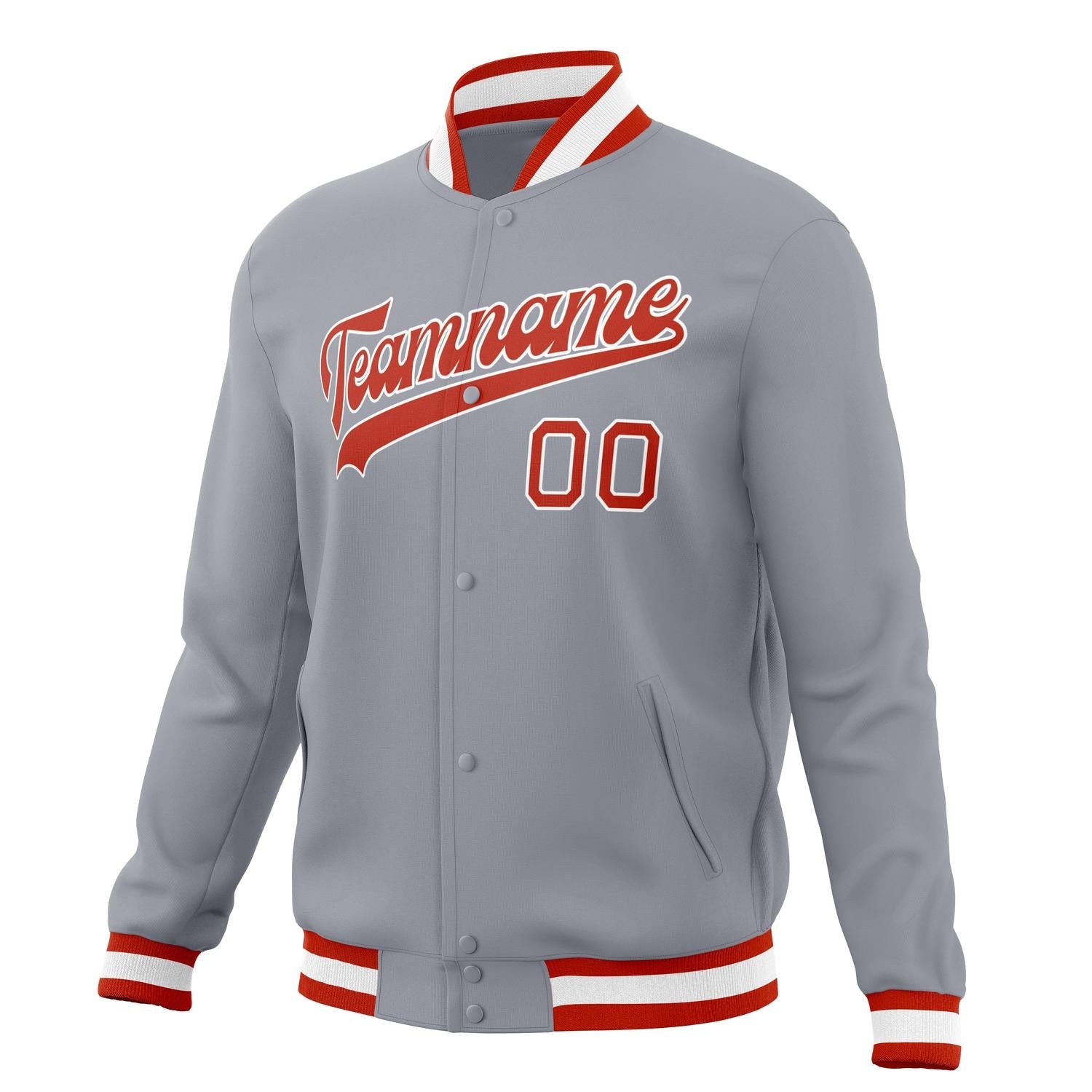 Custom Gray & Red Solid Color Varsity Jacket