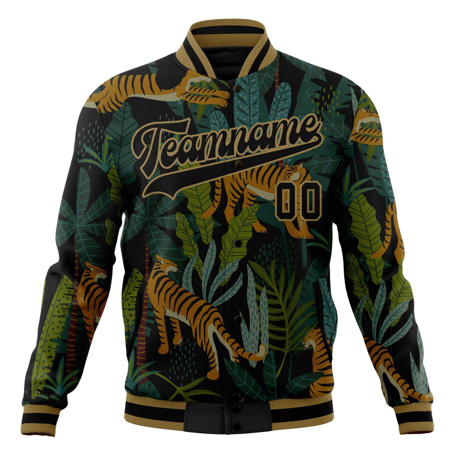 Custom Black & Brown Tiger 3D Pattern Varsity Jacket