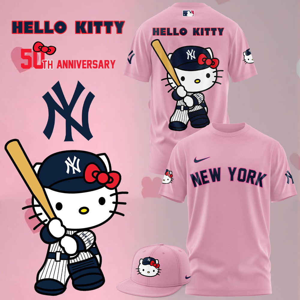 2024 Premium New York Yankees World Series Shirt - Limited Edition New York Yankees x Hello Cat 50TH T-shirt Jogger - Snapback Cap Pink Set