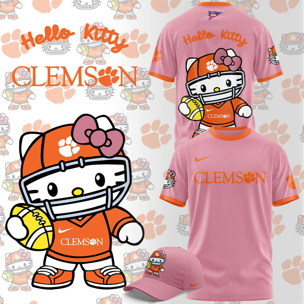 . Limited Edition Clemson x Hello Kitty  Tshirt+Pants+Cap Set 2024+NT24092409ID10DS11