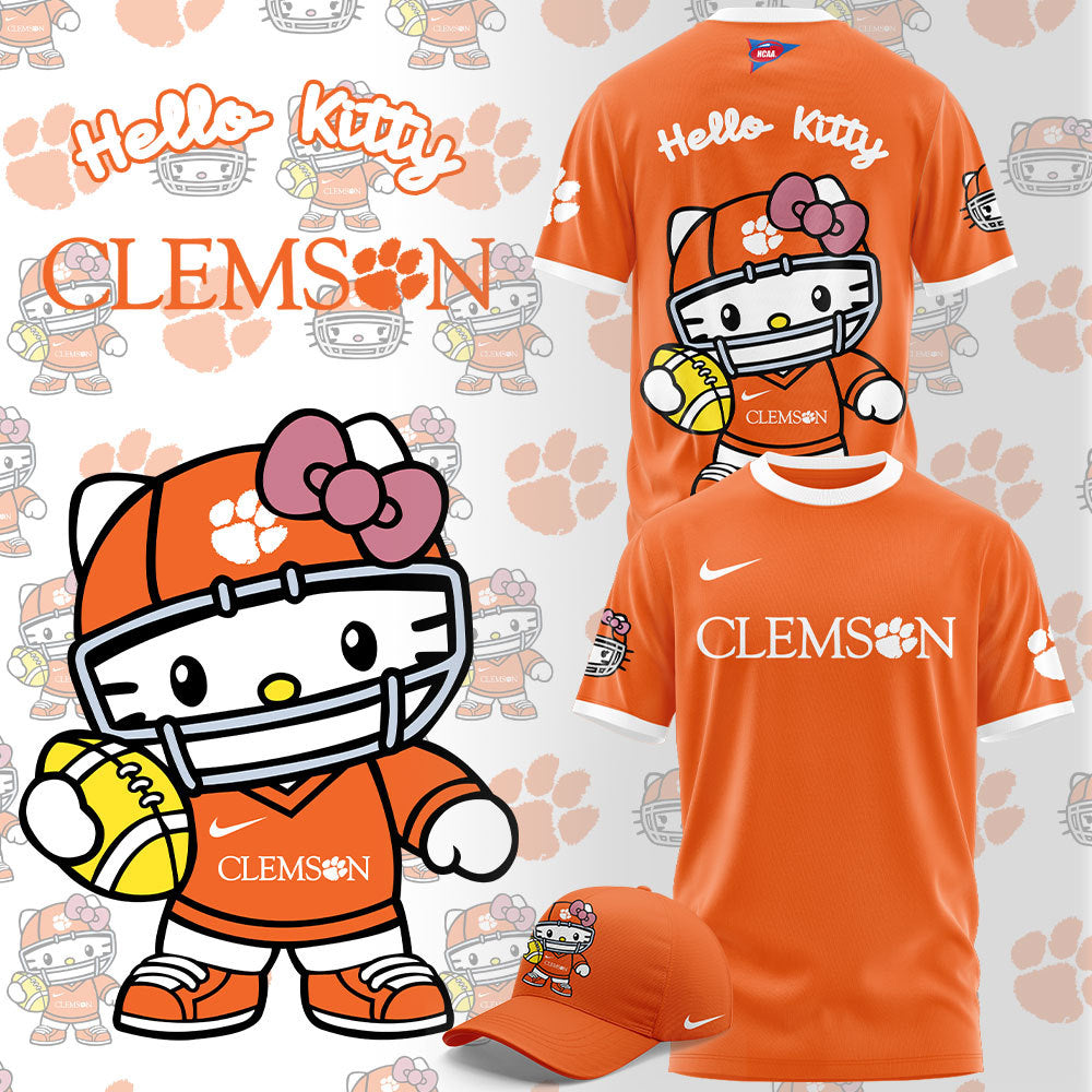 . Limited Edition Clemson x Hello Kitty Tshirt+Pants+Cap Set 2024+NT24092411ID10DS11