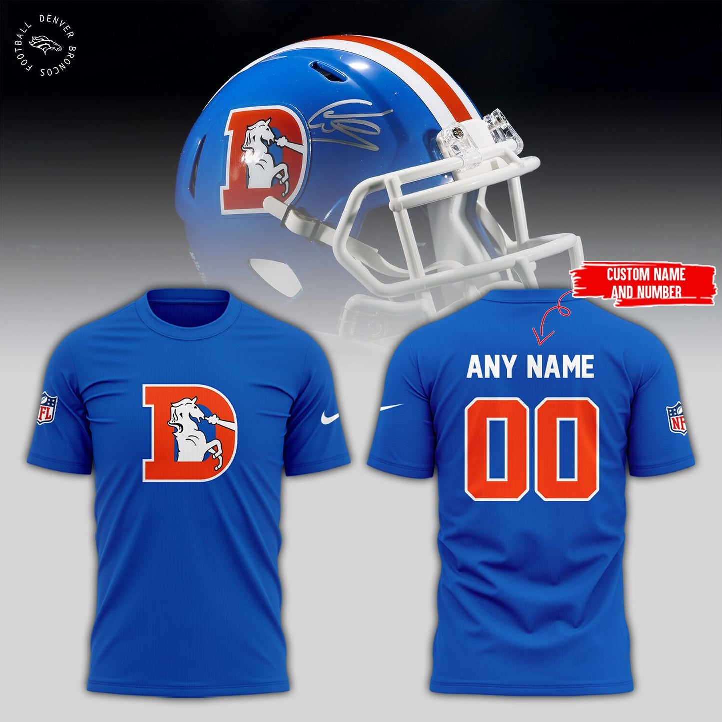 2024 Premium Denver Broncos 3D T Shirt - Throwback 1977 Blue Limited Custom T-Shirt Jogger & Cap Combo