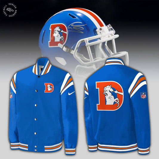 Denver Broncos Baseball Jacket 2024 Season - Throwback 1977 Blue Baseball Jacket Jogger & Cap Combo