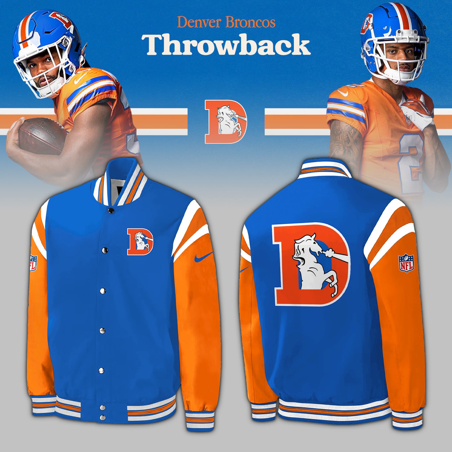 Denver Broncos Baseball Jacket 2024 Season - Throwback 1977 Blue Limited Baseball Jacket Jogger & Cap Combo