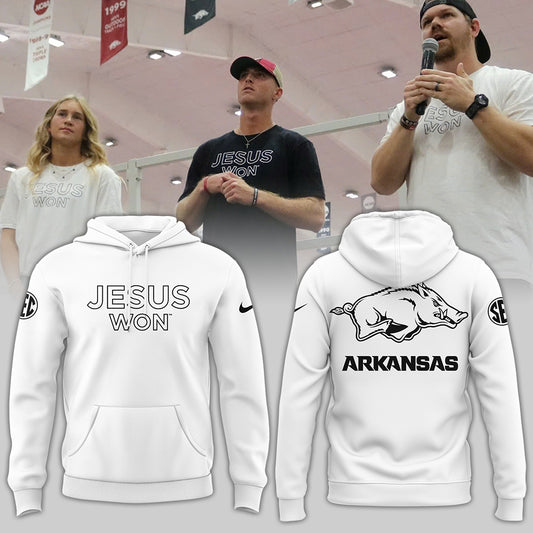 Arkansas Razorbacks Hoodie 2024 Season - Limited Edition Jesus Won White Hoodie Jogger & Cap Combo