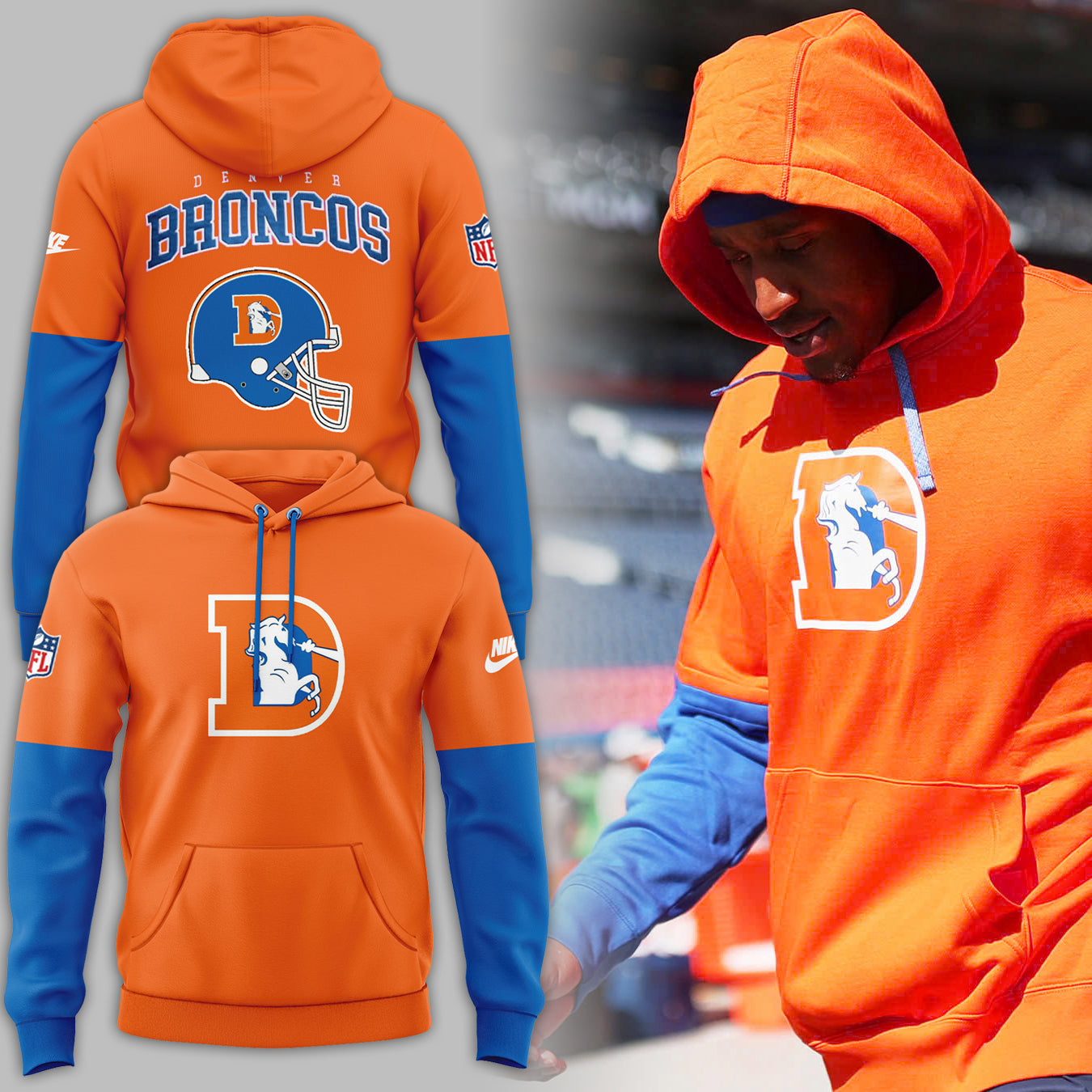 Denver Broncos Hoodie 2024 Season - Limited Throwback To 77 Orange Hoodie Jogger & Cap Combo