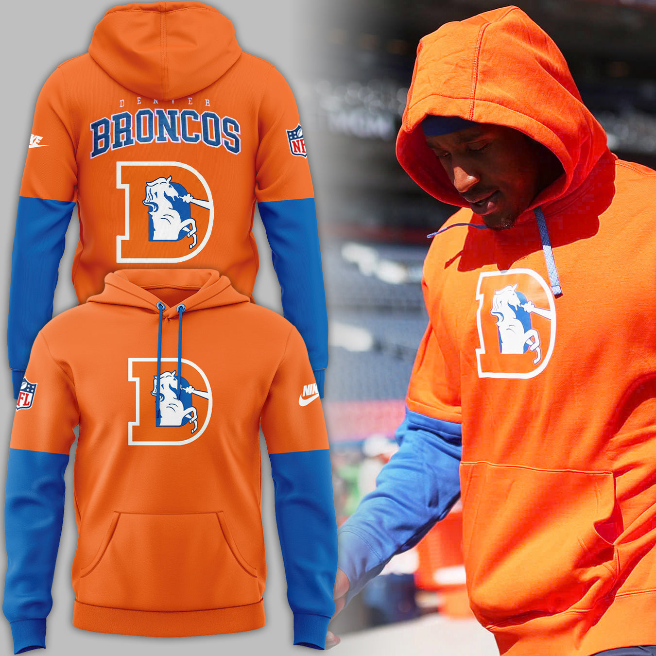 Denver Broncos Hoodie 2024 Season - Limited Throwback To 77 Orange Hoodie Jogger & Cap Combo V2