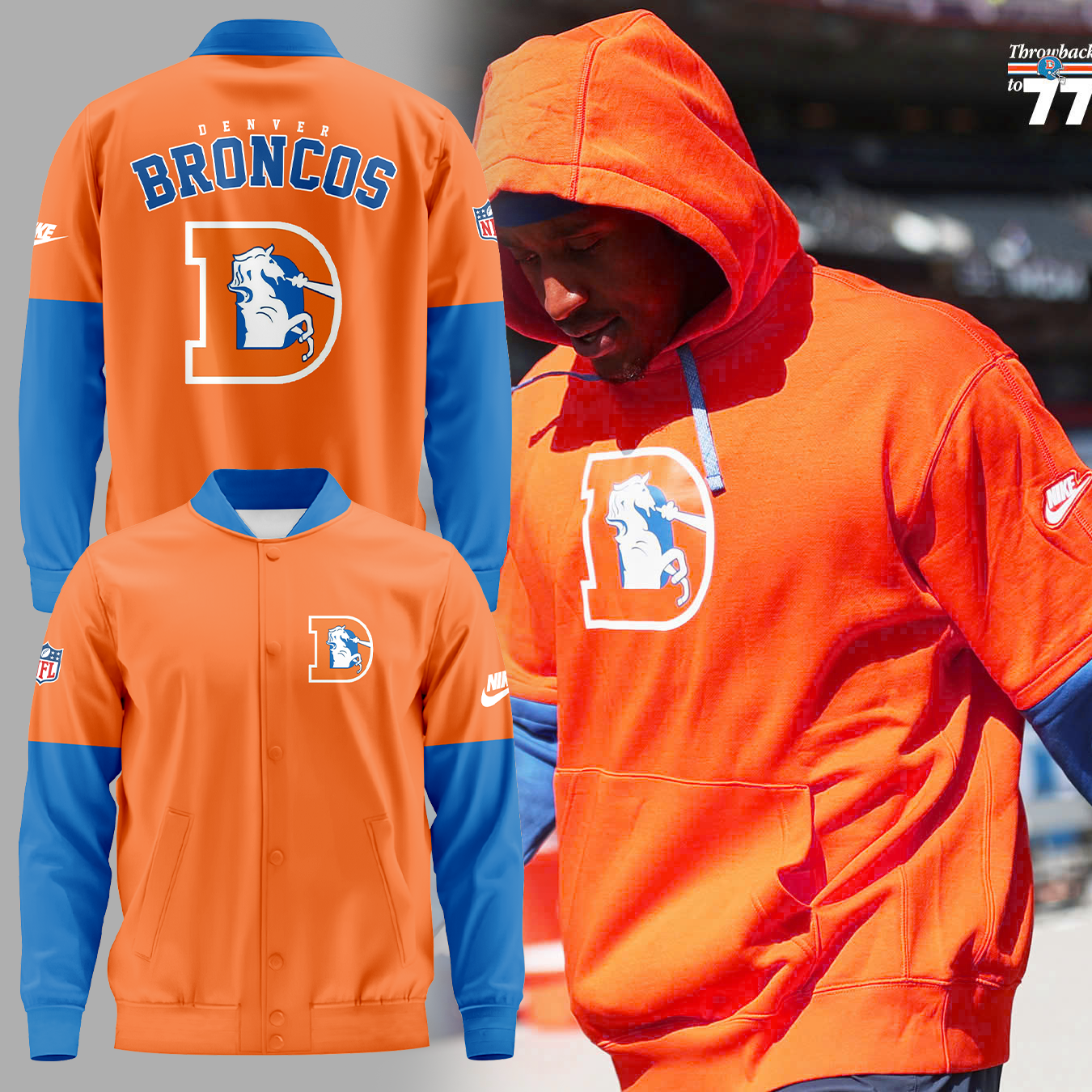 Denver Broncos Baseball Jacket 2024 Season - Limited Throwback To 77 Orange Baseball Jacket Jogger & Cap Combo