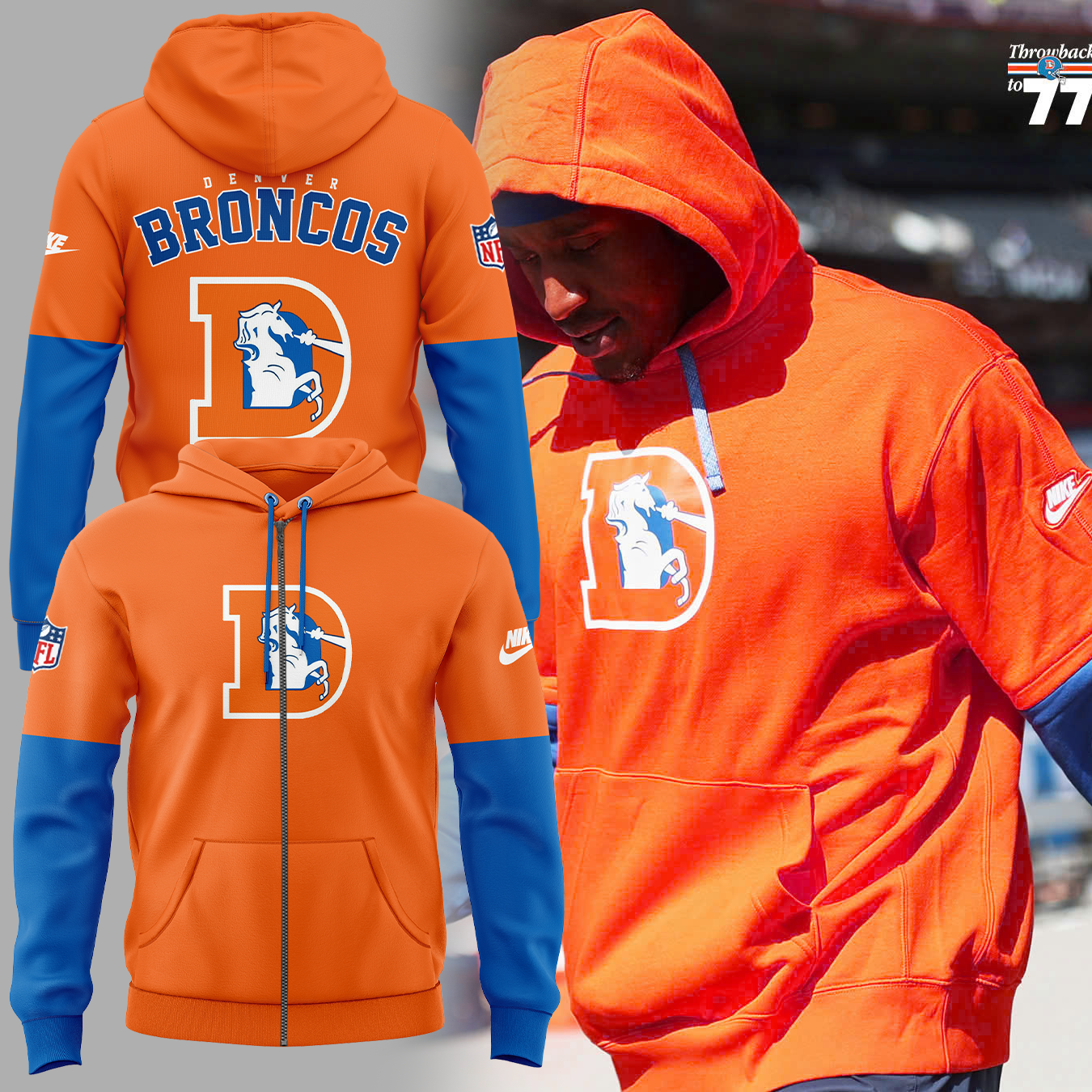 Denver Broncos Zip Hoodie 2024 Season - Limited Throwback To 77 Orange Zip Hoodie