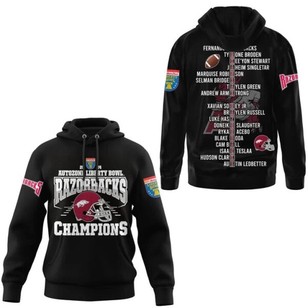 Premium Arkansas Razorbacks Merch - Limited Edition Arkansas Razorback Liberty Bowl Champions Hoodie Black Set 02