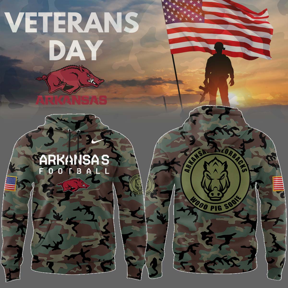 Arkansas Razorbacks Hoodie 2024 Season - Limited Edition Veteran Camo Hoodie Jogger & Cap Combo