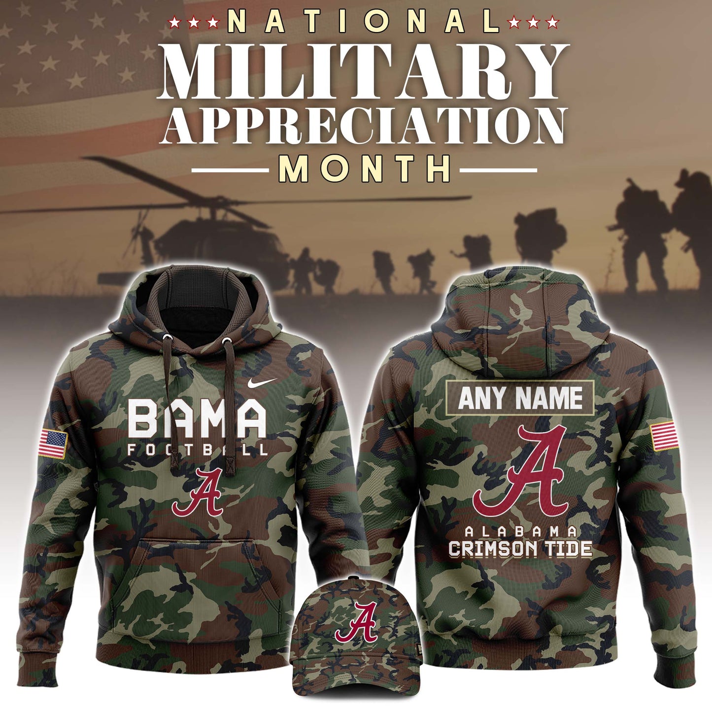 Premium NCAA Camo Gear - Alabama Crimson Tide Football 2025 Military Appreciation Club Hoodie