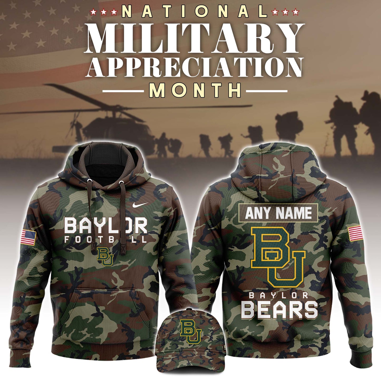 Premium NCAA Camo Gear - Baylor Collection 2025 Military Appreciation Club Fleece Pullover Hoodie – Camo