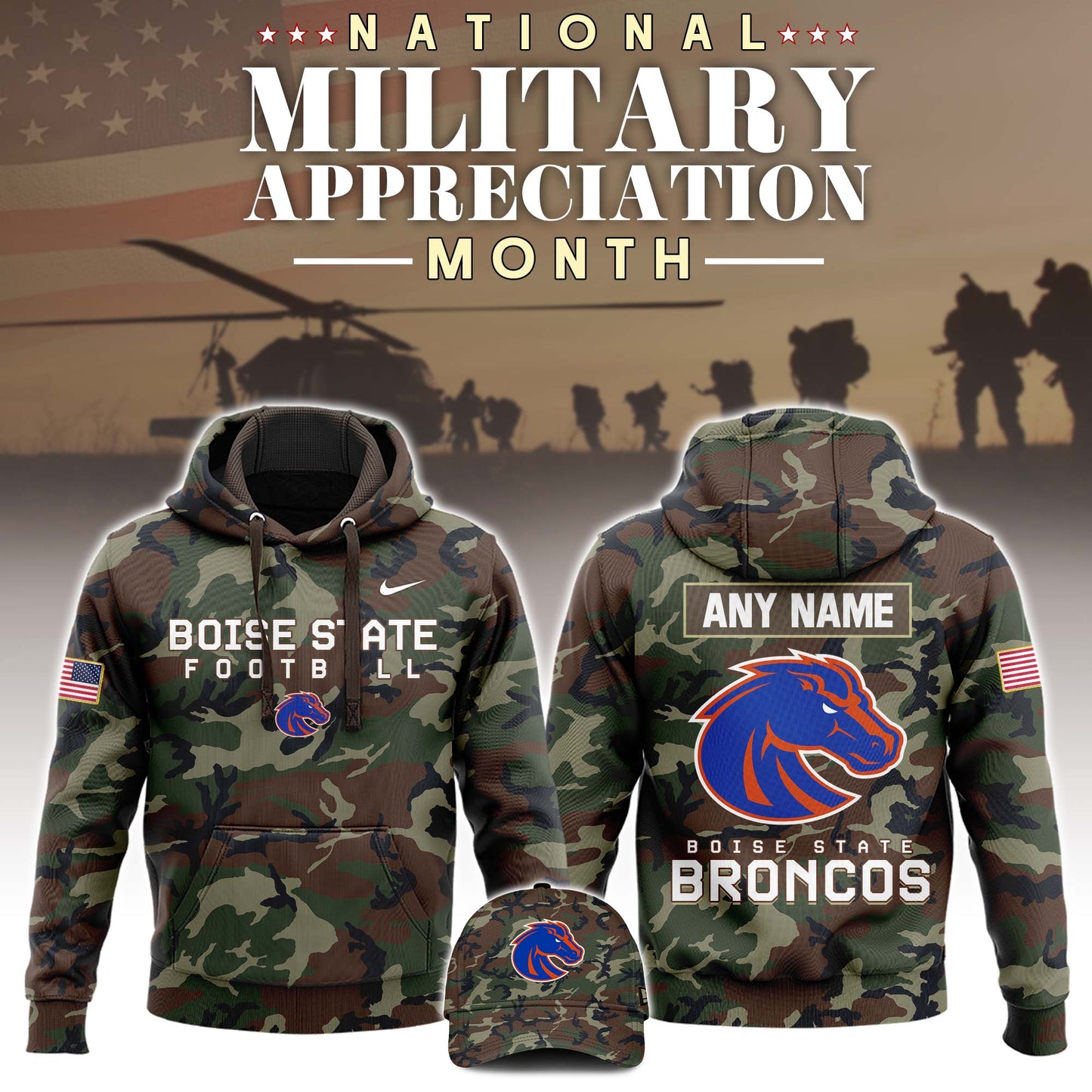 Premium NCAA Camo Gear - Boise State 2025 Military Appreciation Club Fleece Pullover Hoodie