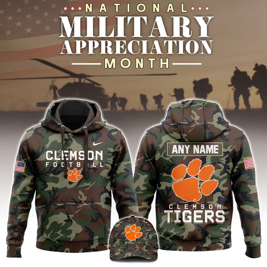 Premium NCAA Camo Gear - Clemson Tiger Football 2025 Military Appreciation Club Hoodie