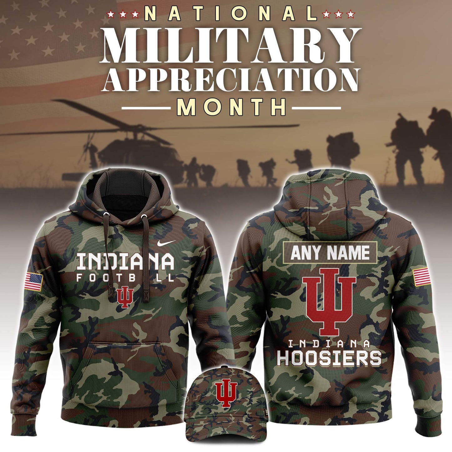 Premium NCAA Camo Gear - Indiana Hoosiers 2025 Military Appreciation Club Pullover Hoodie Camo