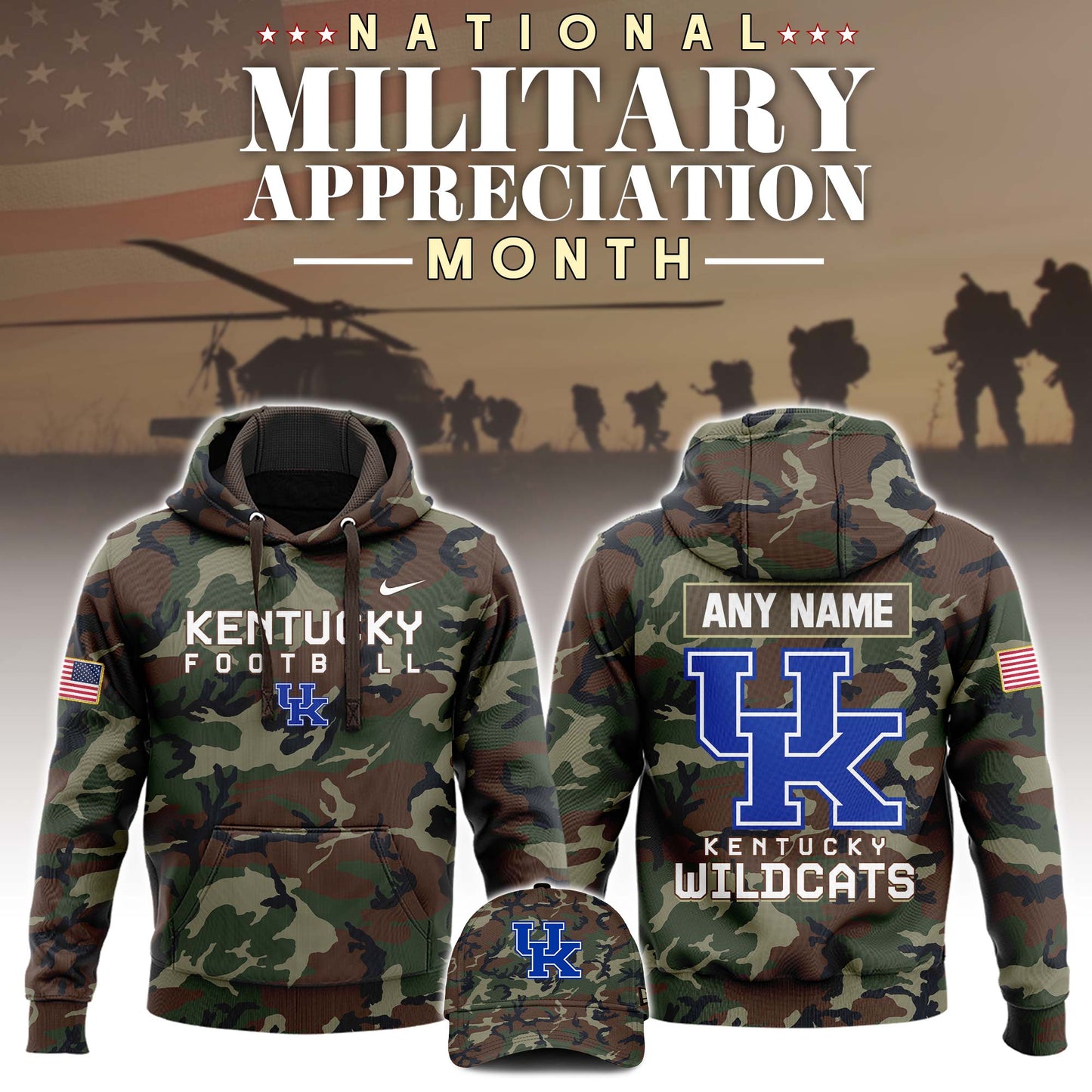 Premium NCAA Camo Gear - Kentucky Football 2025 Military Appreciation Club Hoodie