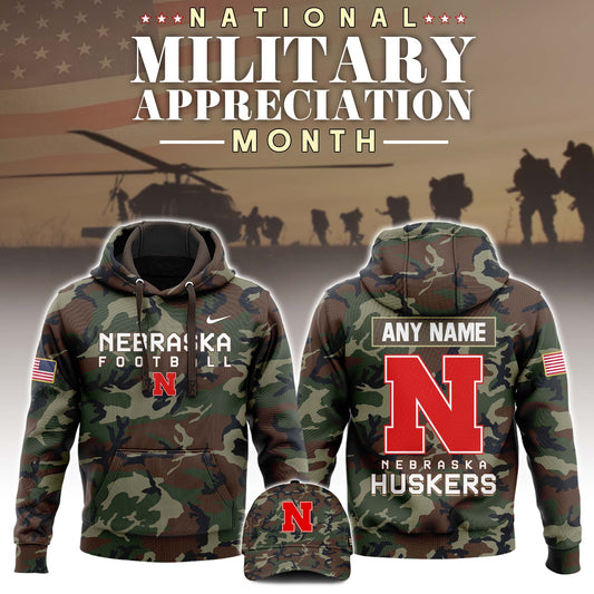 Premium NCAA Camo Gear - Nebraska Football 2025 Military Appreciation Club Hoodie