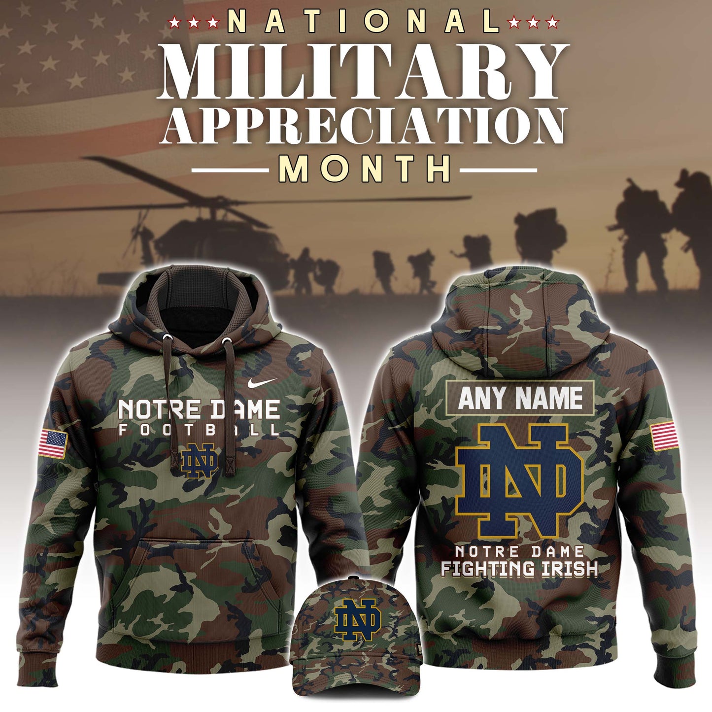 Premium NCAA Camo Gear - Notre Dame 2025 Military Appreciation Club Pullover Hoodie Camo